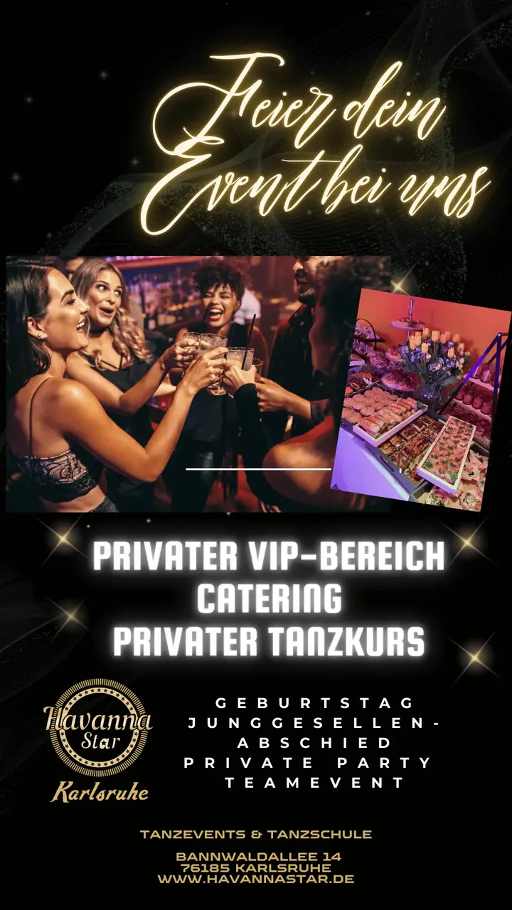 Flyer: Feier dein Event bei uns, privater VIP-Bereich, Catering, privater Tanzkurs